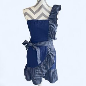 Venus XS Blue Denim Tan Pinstripe Linen Cotton Ruffle One Shoulder Mini Dress